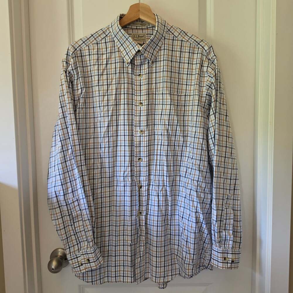 LL Bean Mens Large Plaid Button Down 100% Cotton Blue Tan Wrinkle Resistant